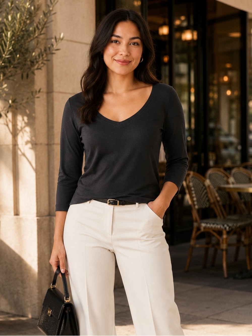 Three Dots Black 100% Cotton V-Neck Top NWT Size Medium